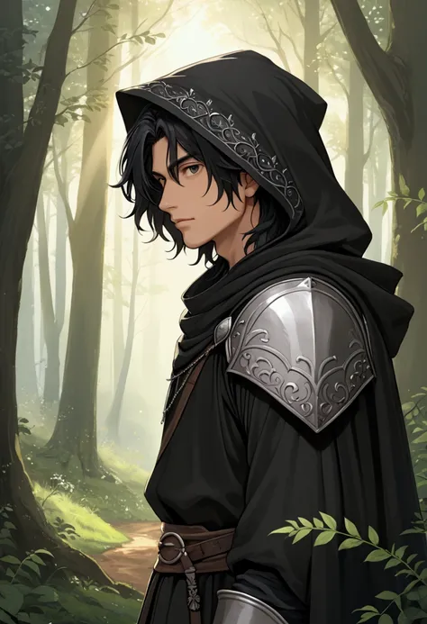 A male boy in the distance ,  with black hair and a hairstyle from side to side ,  about  and dressed in a black hood and with only one layer of mediaeval-style fabric that is large and wrinkled, ” in the middle of a forest with a little fog and that at th...