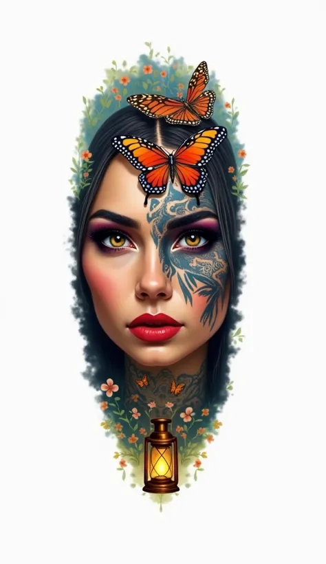 Tattoo beautiful woman with butterfly colorful background split face colored and black and gray tattoo with one hand down holding a lamp showing butterflies