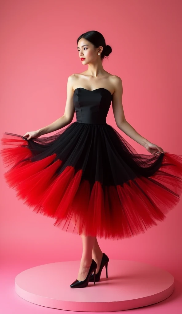 Stylish model wearing a striking strapless black cocktail dress with a flared skirt, vibrant red tulle peeking through, standing dynamically on a pink circular pedestal, bright even lighting highlighting the textures, playful sophistication, fashion advert...