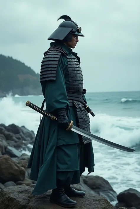 A valiant samurai on the seashore