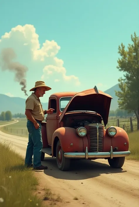  In the distance,  an old pickup car appears to stop on the side of the road.  Thin smoke comes out of the open hood . Vegetable delivery driver ,  a middle-aged man in a straw hat ,  looks confused and worried .