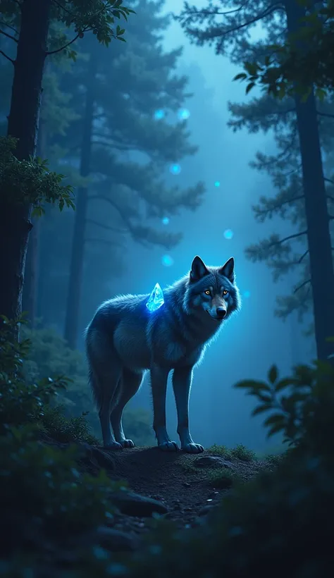 .""hyper-realistic detailed scenario 4k image "In a dense forest during a meteor shower, a lone wolf stumbles upon a mysterious blue crystal shard from a fallen meteor. The shard embeds itself into the wolf’s back, shimmering faintly. 