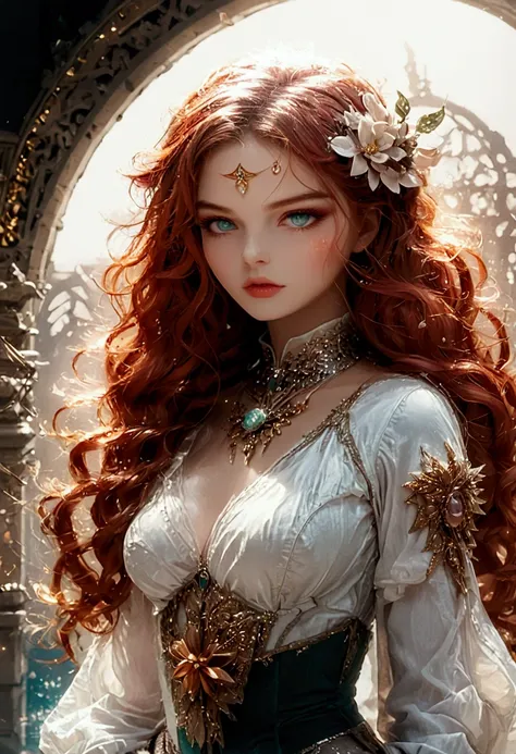 ((best quality)), ((masterpiece)), (detailed), image of a very beautiful noble lady. long red hair. Light bubble background.