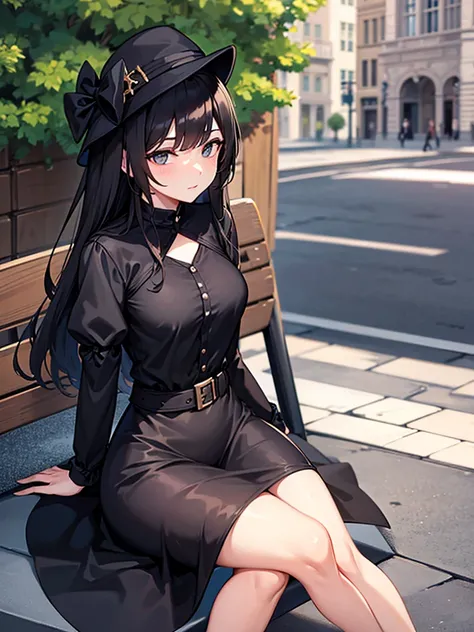 A woman in a black dress, She is sitting on a bench in the square.