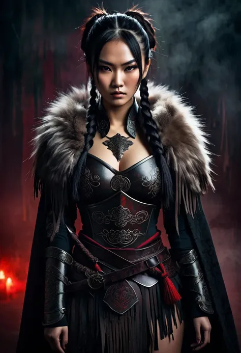 Beautiful asian knight woman, asian dark heavy armor, ((fur cloak)), fringe ans braids hairstyle , asian tattoos on the whole body, (((dark fantasy))), scary, violent, bloody, ((dark moody atmosphere))