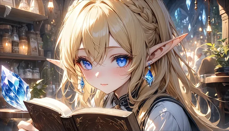  perfect eyes, Soft light, High image quality, 4K resolution, masterpiece,  textured skin ,  detailed , Detailed face, Detailed eyes, Best Quality, Super detailed, High image quality, Elf, Blonde, Half Up， pointed ears,  Crystal Earrings,Elfの装束,Cafe in Ano...