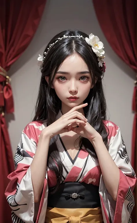  1 teenage girl、 black long hair、 exposed forehead、black almond eye、D Cup、Expressionless、kimono、Hands are close to the face、Detailed hands and fingers、 anatomically correct finger、Natural hand pose、Clear finger position 、White background