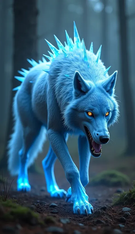 .""hyper-realistic detailed scenario 4k image ""The wolf’s body transforms into a blend of flesh and crystal, with jagged spines emerging along its back. These crystal spikes pulsate with energy, allowing the wolf to unleash sharp projectiles when threaten...