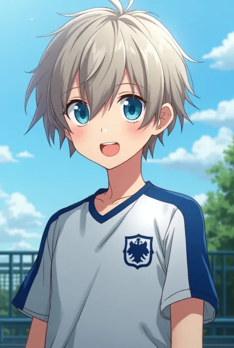  screenshot of a boy from the anime haikyuu femboy, blue eyes, pale skin, white teeth, soccer uniform and smooth hair in layers .