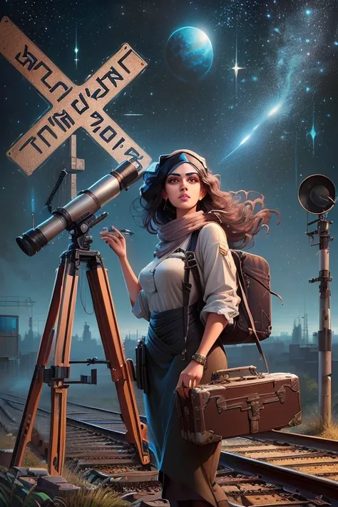  Arab Woman Standing on a Railroad Track with a Suitcase and Telescope, Book Cover Art , Tom Bagshaw Weta Studios,  Neo Art Core and Charlie Bowwater ,  Makoto Shinkai and Tom Bagshaw ,  Ghibli Tom Bagshaw , by Alexander Kucharsky,  stylish urban fantasy a...