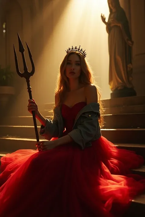 (( the best quality)), (( masterpiece)), (detailed), 1 girl, Sun rays on her, , trident , Virgin Mary, Bright lights ,  off-the-shoulder denim jacket with long red tulle dress, Full day , long wavy hair with crown ,  sitting on steps of old church ,  light...