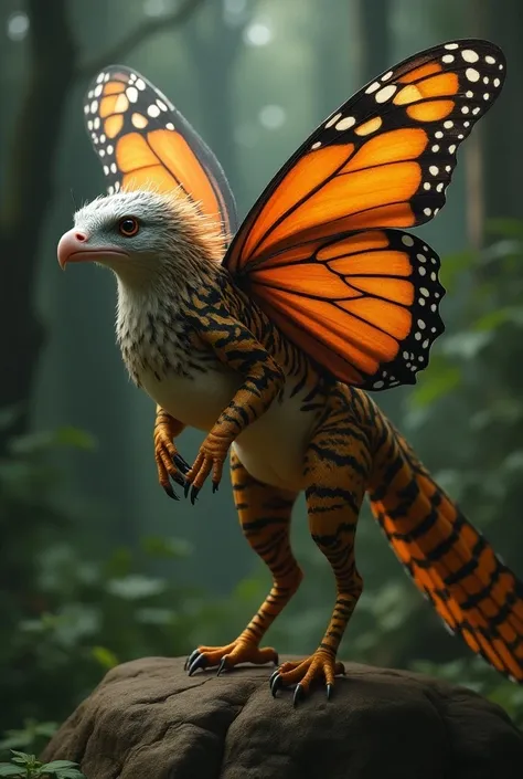 Animal with an axolotls head butterfly wings monarch eagle body tiger legs peacock tail.