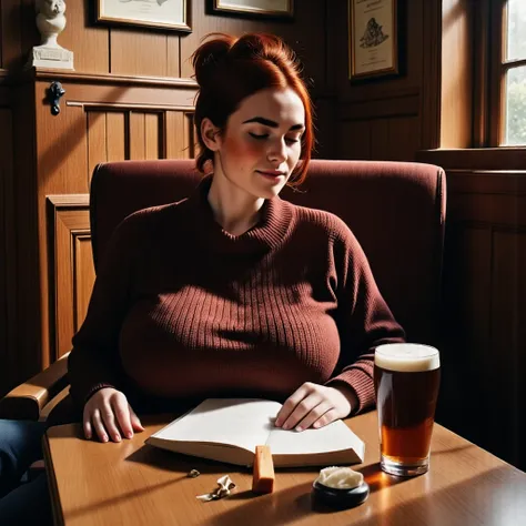 photorealistic, cinematic style, picture of a beautiful british woman in a rustic pub.  she's sitting in a booth with an opened ...