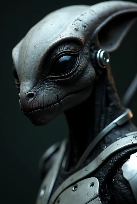 A close up side photography of the creature with wide large eye, oval long head, flat nose, dark grey skin, wear mechanical silver futuristic armor. 