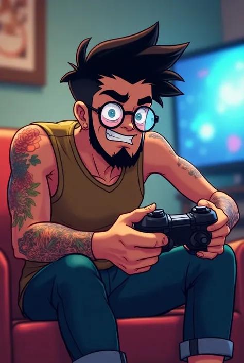  Flirty guy with black hair, facial hair, tattoos and glasses playing video games full body cartoon