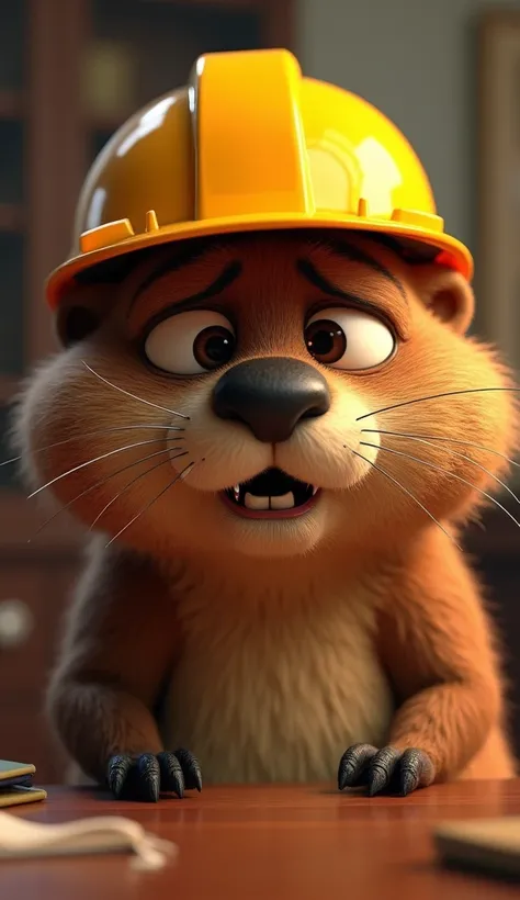 Create a Pixar-style close-up of a beaver wearing a yellow construction helmet, crying inconsolably inside the lions office. The beavers eyes are filled with tears, and his expression is one of deep sadness and despair. The office background is softly blur...