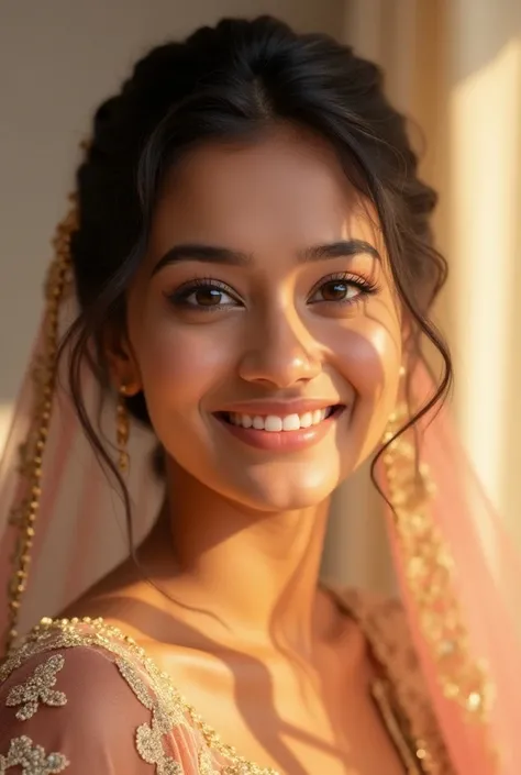  "A young Indian realistic girl  with a bright, friendly smile wearing a natural,  and bridal makeup in bridel clothes dewy foundation, subtle contouring, and a touch of blush. Her eyes are accentuated with a soft, blended eyeshadow palette in warm tones, ...