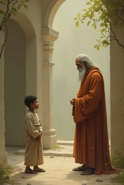 A curious person, perhaps a passerby or devotee, asks the saint a question, looking at him with puzzled eyes. The person is standing a bit away from the saint, showing respect, and the saints calm expression holds deep contemplation.