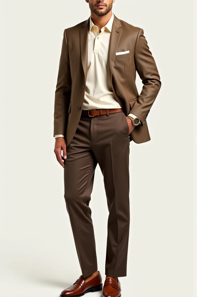 Top: Cream button-up shirt or light beige polo

Blazer: Warm taupe or brown blazer

Bottom: Dark brown chinos or light tan trousers

Shoes: Tan loafers or brown dress shoes

Accessories: Brown belt and a gold bracelet/watch