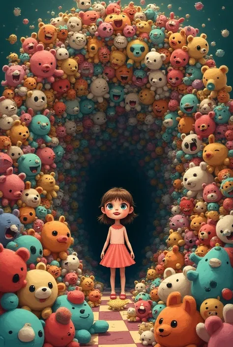 Illustration of a girl lost in a huge pile of toys 