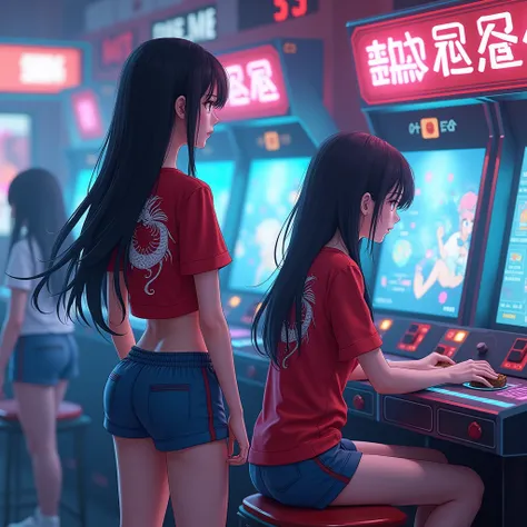 A girl is standing with her back turned, wearing a red shirt with a white dragon painted on the back, a long braid, black hair, tight blue shorts, she is watching interested and expectantly as another girl sits playing a video game in front of a screen whe...