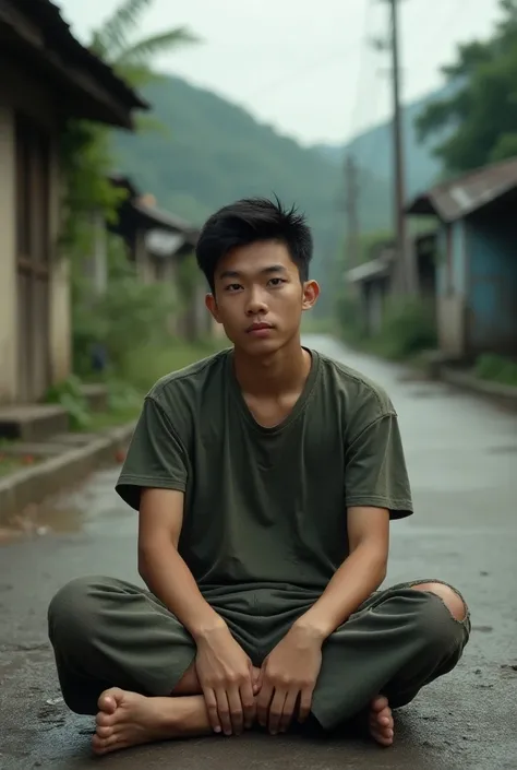 Young Asian Twenties Slim Chubby Short Hair Clothes Old Short Sleeve T-shirt Flawed Long Pants Young Asian Handsome Charming Abandoned Village Wet Floor Free Posture Sitting Young Asian Wide Angle Photos High Definition HD Very High Definition Loose Sittin...