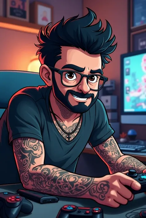 guy with black hair, facial hair, tattoos and glasses playing video games full body cartoon