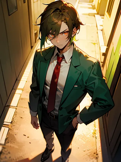 1male , Brown Hair , Green Hair , Multicolored Hair , Oumbre Hair , Green Highlighted Hair , Somber Expression, Adult Male , Loose white button up longsleeve shirt , Red Tie , Glowing golden eyes , Standing in alley , perfect generation , detailed backgrou...