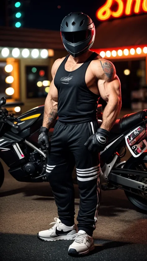 1 motobiker man in dark sweatpants,Full body, sportive motobike,nice long legs wearing sweatpants, nice bulge, mate-black motobiker closed helmet, wide chest in tank-top, 30yo motobiker man, cinematic night light, wearing white sneakers, nice biceps, gas c...