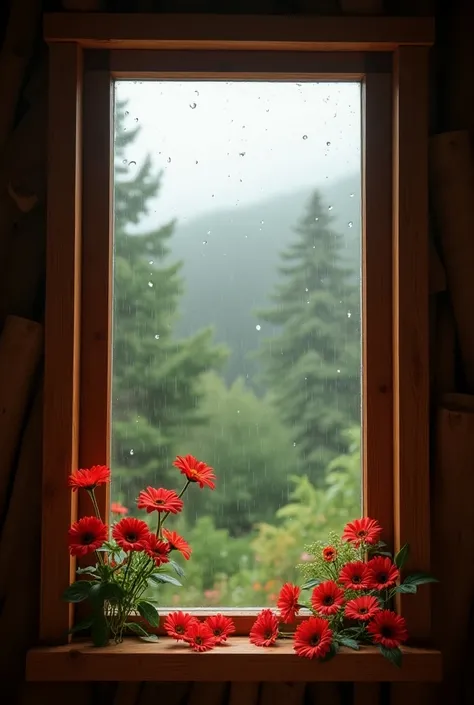 A cedar window with a view to the outside with a drizzle and with flowers of red daisies