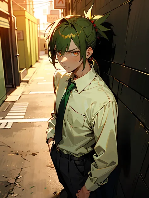 1male , Spiky Ponytail , Messy Bangs , Brown Hair , Green Hair , Multicolored Hair , Oumbre Hair , Green Highlighted Hair , Somber Expression, Adult Male , Loose white button up longsleeve shirt , Red Tie , Glowing golden eyes , Standing in alley , perfect...