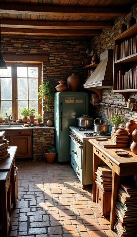 A cozy, vintage kitchen interior with walls and floor made entirely of realistic, detailed books, no windows, wooden beams on the ceiling, wooden shelves filled with various kitchen items, pots, jars, and approximately 500 extra books stacked, scattered, a...