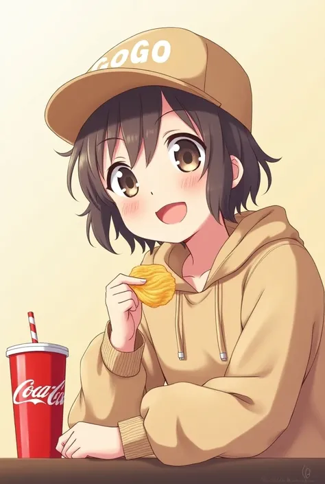 Anime are cute、 with potato chips、Im drinking Coke

There are 、Wearing a beige cap、Capital GOGO letters on a hat
smile, 
hoodies
My hair is short hair 