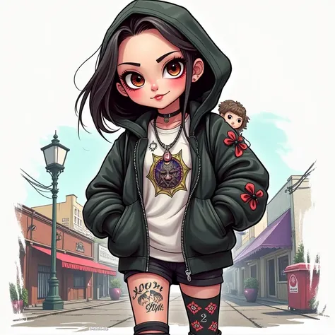 Create an image from a punk cartoon of a boy and a girl the Mirena girl very beautiful couple walking down the street pichada gothic style because the 3D design is a type of cyberpunk illustration more in tattooed and white caricature perfect and all in 3D...