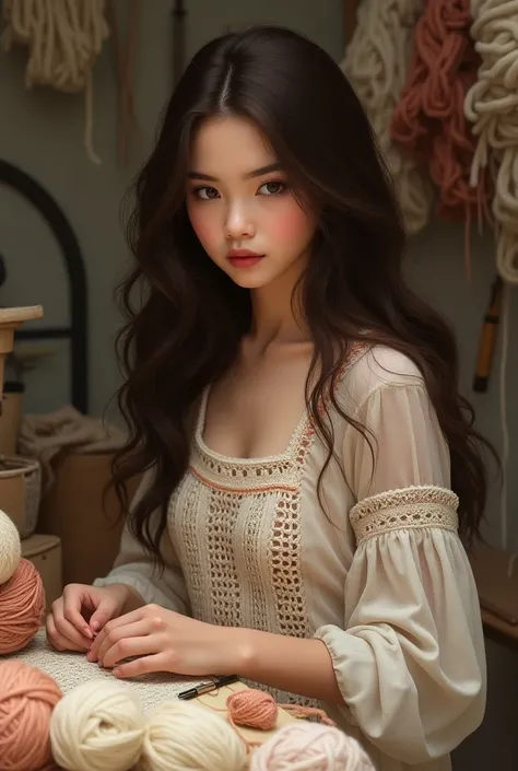 girl, dark brown hair, with crocheted blouse and lots of wool and needles on the sides.
