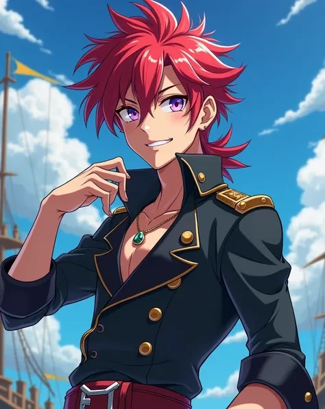 Pirate male anime character. Red hair and amethyst purple eyes. smile. anime. 