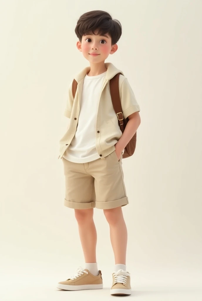 Top: Ivory t-shirt or cream hoodie

Bottom: Beige shorts or light tan joggers

Shoes: White sneakers or beige sandals

Accessories: Gold-toned sunglasses or brown backpack.   18 Boy