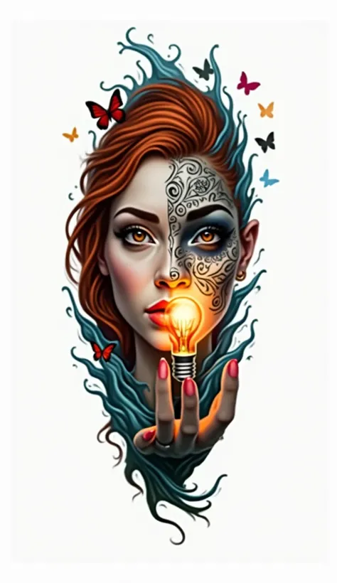 Tattoo beautiful woman with butterfly colorful background split face colored and black and gray tattoo with one hand down holding a light bulb coming out butterflies water and fire red hair 