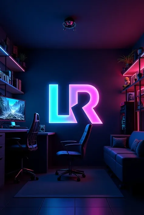 L and r logo with the background of a gamer room
