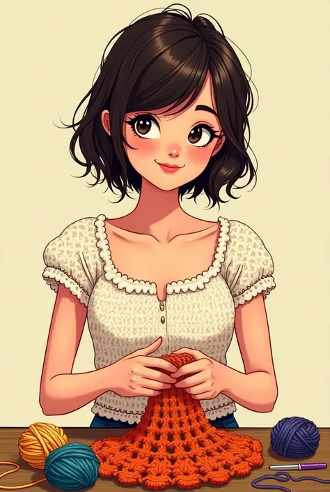 in comic form, girl, dark brown hair, with a crochet blouse and lots of wool and a crochet hook on the sides.
