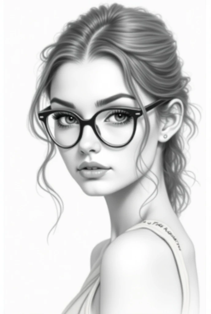 beautiful girl, pencil drawing with glases girl