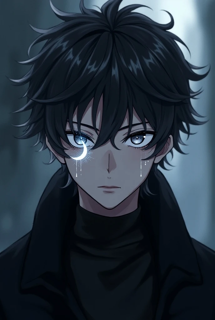 An anime style guy, with a black overcoat, black eyes with a silver border , wavy black hair and shiny silver locks, a silver moon mark shining on the face