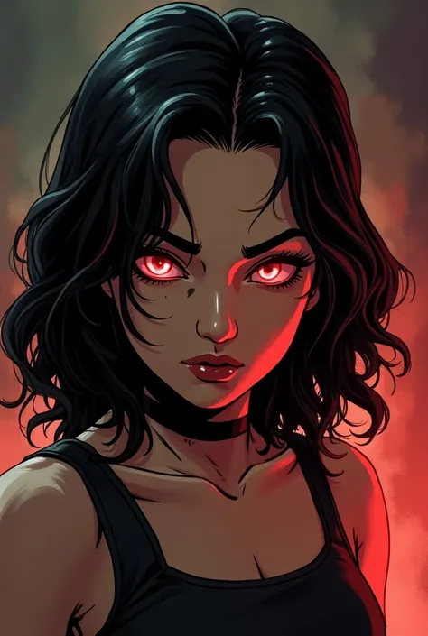 Marvel comic-style character .  A shoulder-length dark brown-haired girl with a cut in her brow and glowing red eyes