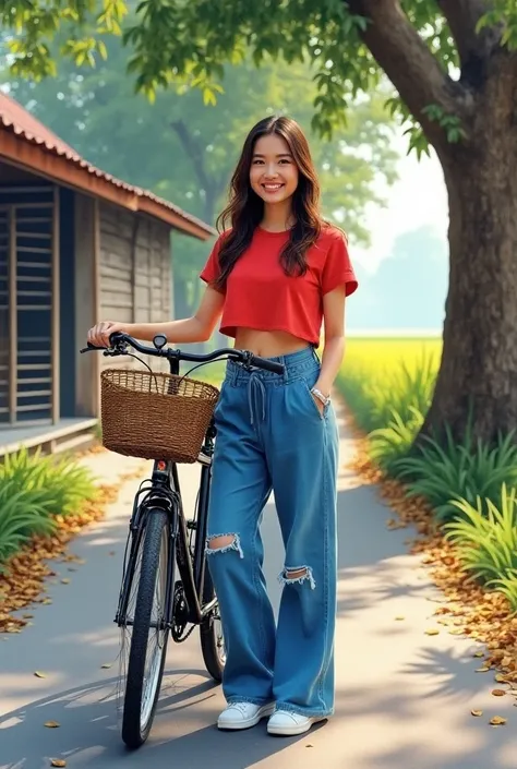 
 Photorealistic shiny chiaroscuro painting style, watercolor painting , beautiful smiling  Thai woman  wearing redv crop top t-shirt and blue wide  rip pants wearing  white sneakers , holding bicycle on street, have a basket on bicycle.Kampung Malay House...