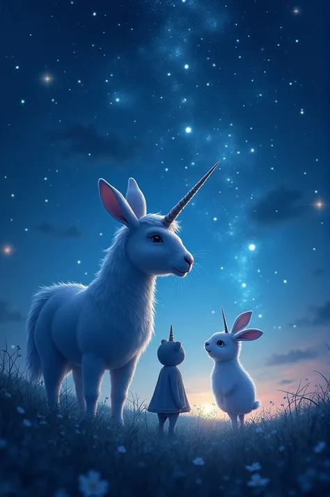 Create an image of the blue rabbit finding a unicorn and they follow the stars 