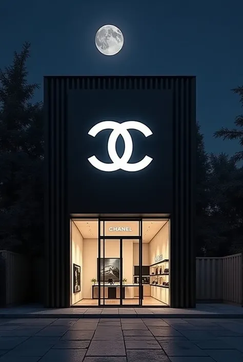 arafed view of a Chanel store with a moon in the background,  digital rendering by Ni Yuanlu, Trending on CG Society,  conceptual art, Detailed store information, night time rendering , Chanel, Luxury Fashion, Luxury Brands, Architectural Rendering, CG ren...