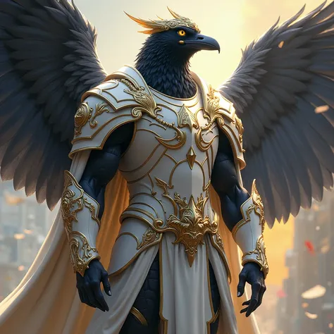 Create an image of a black raven god donned in white armor trimmed in gold, Masterpiece, colorful, dynamic, expansive background, depth of field