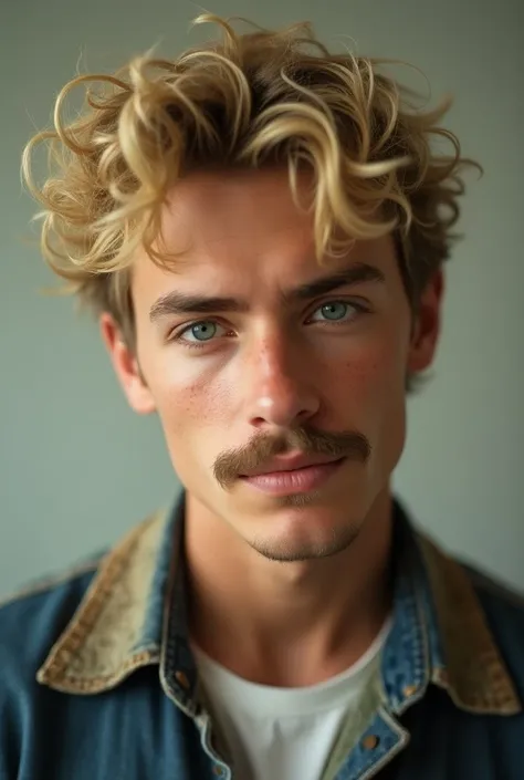  Give me a 19-year-old blond man , thin mustache ,  with curly hair cut by Mullett ,  white skin face with freckles and dark blue eyes. 