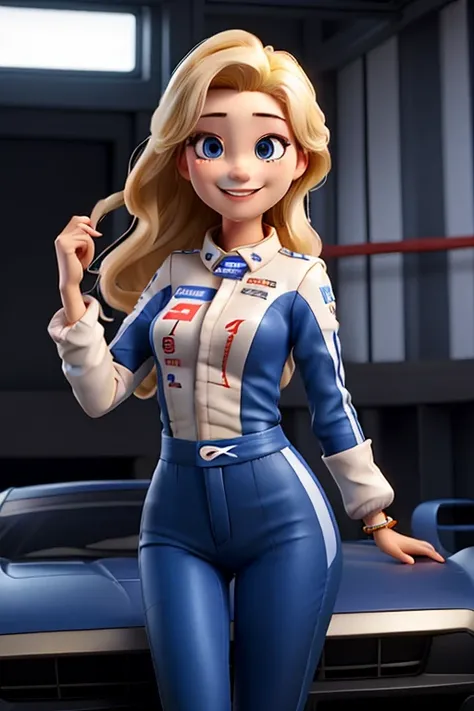 beautiful 32-year-old South Korean girl , blonde, with model costume for faster car racing modeling for a realistic and smiling car racing track