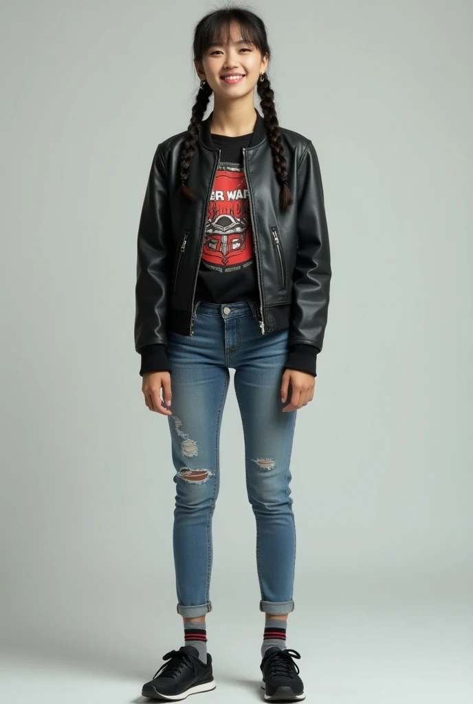 Neat Southeast Asians、Hairstyle braids、Ear piercing、Leather jacket、smile、 starwars shirt,, likes Star Wars, marvel and skateboarding, all interests should be inclouded, she should wear something deadpool or Spider-Man themed, a whole body shot with a neutr...